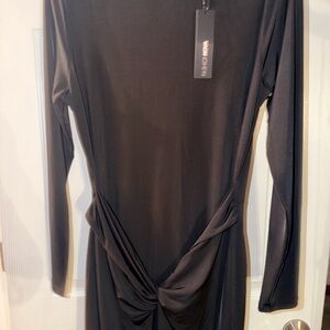 Fashion Nova Elegant Black Long Sleeve Dress 2X Scrunch Back Front Tie